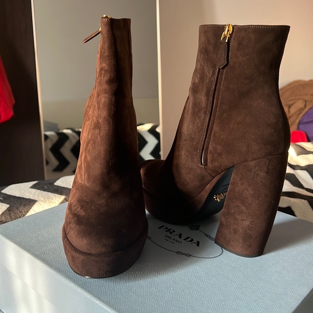 Prada chunky heel booties. Brown velvet size 39.
